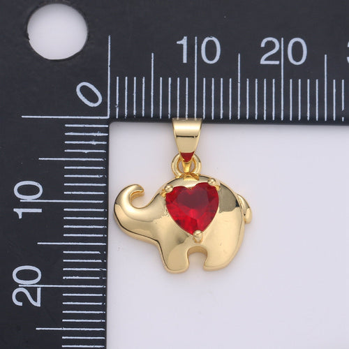 14k Gold plated  Elephant lined Ruby Heart Pendant Charm  ,  Elephant with red bead Pendant Charm, Gold plated Pendant, For DIY Jewelry - DLUXCA