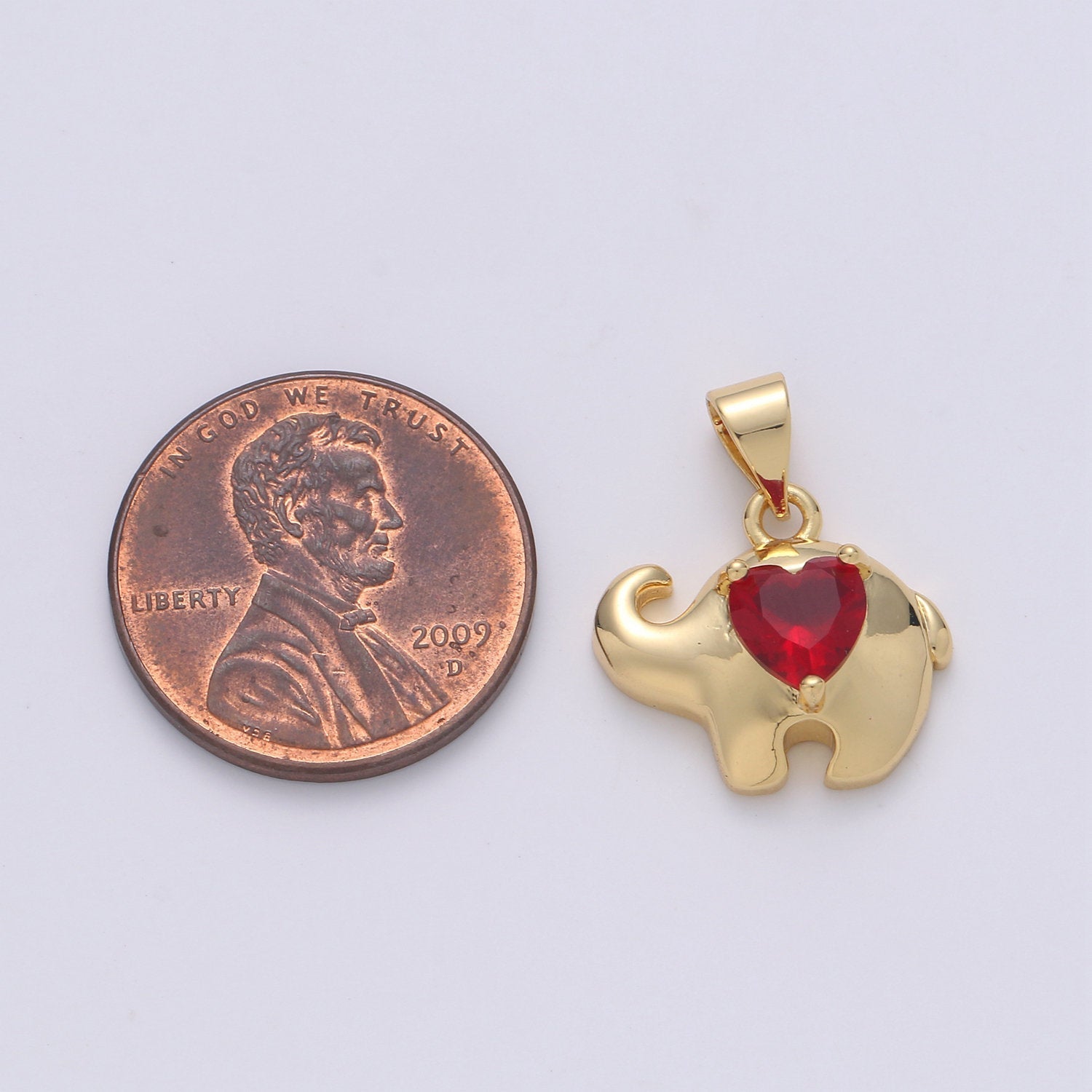 14k Gold plated  Elephant lined Ruby Heart Pendant Charm  ,  Elephant with red bead Pendant Charm, Gold plated Pendant, For DIY Jewelry - DLUXCA