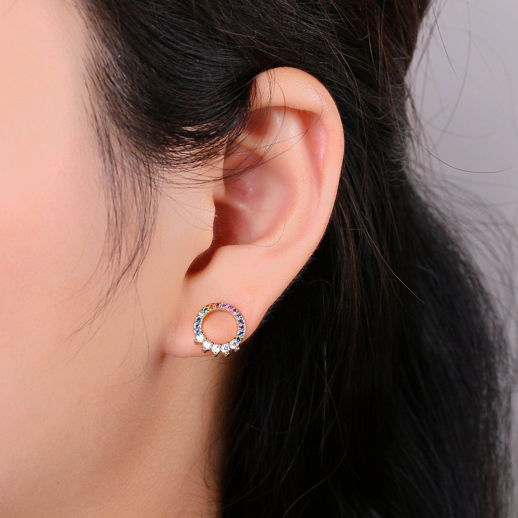 Multi Color Stud Dainty Gold Marquise Cluster Stud Earrings, Marquise Circle Stud Rainbow Stud, Gold Earring Minimalist Geometric Design, EARR-1274/Q-296 - DLUXCA