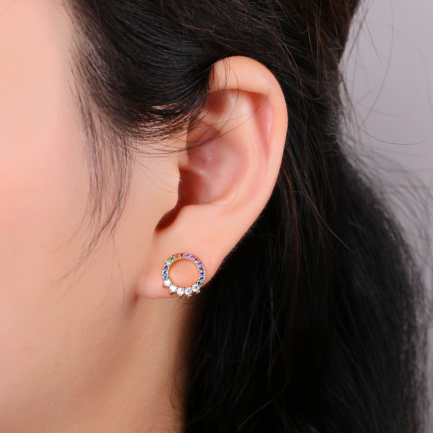 Multi Color Stud Dainty Gold Marquise Cluster Stud Earrings, Marquise Circle Stud Rainbow Stud, Gold Earring Minimalist Geometric Design, EARR-1274/Q-296 - DLUXCA