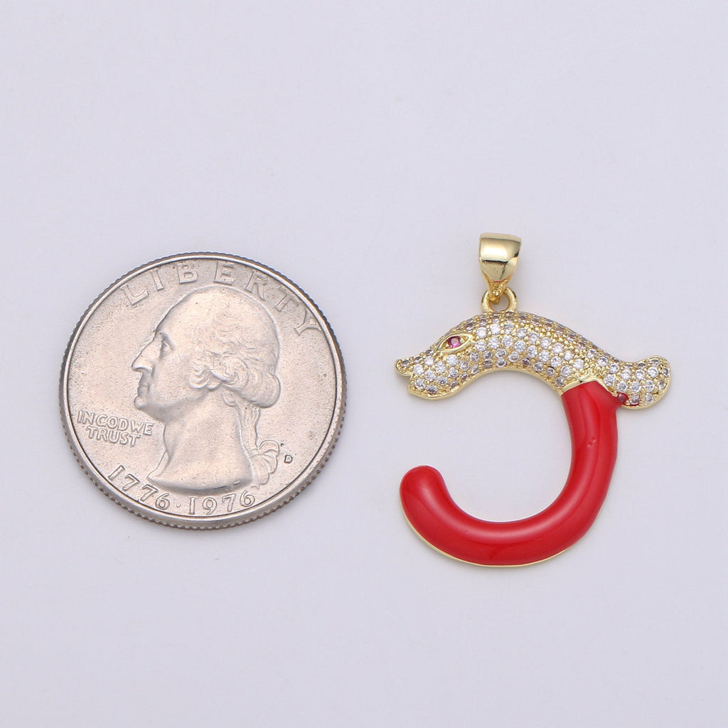 14k Gold plated Cubic Red Eye Snake Pendant, CZ Cluster Pendant, Lucky Charm, Red Enamel Hook CZ Pave Pendant - DLUXCA