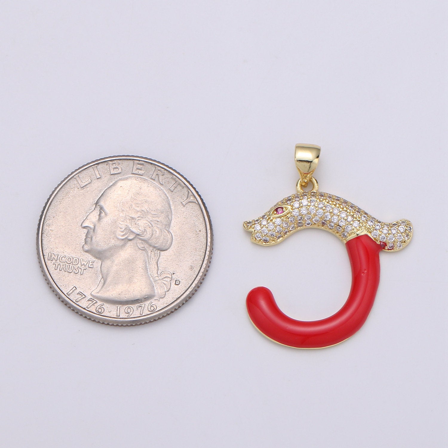 14k Gold plated Cubic Red Eye Snake Pendant, CZ Cluster Pendant, Lucky Charm, Red Enamel Hook CZ Pave Pendant - DLUXCA