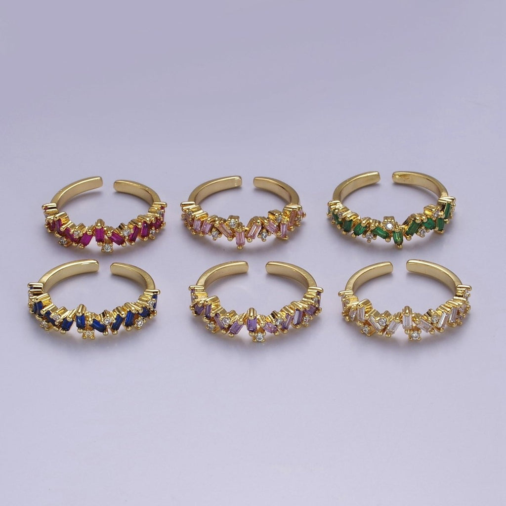 Irregular Baguette Color Stone Half Eternity Stackable Ring Stacking Gold plated Bands Open Adjustable Ring O-2095 ~ O-2100 - DLUXCA