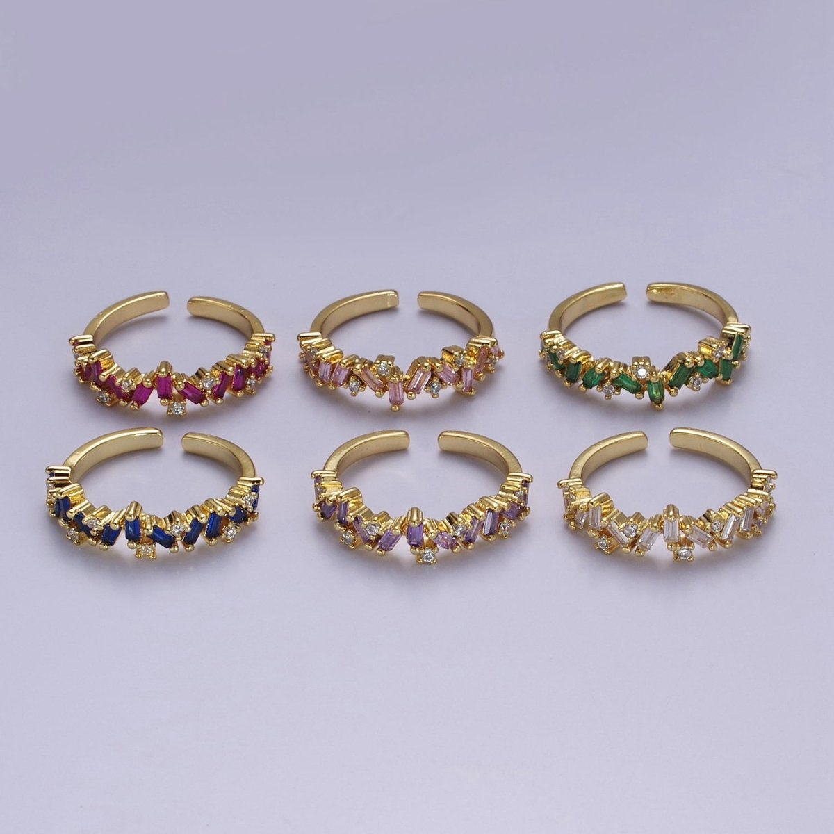 Irregular Baguette Color Stone Half Eternity Stackable Ring Stacking Gold plated Bands Open Adjustable Ring O-2095 ~ O-2100 - DLUXCA