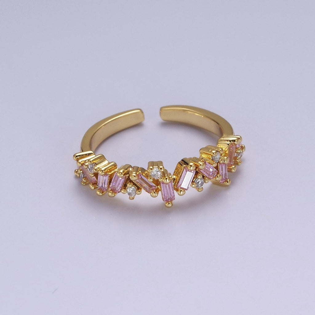 Irregular Baguette Color Stone Half Eternity Stackable Ring Stacking Gold plated Bands Open Adjustable Ring O-2095 ~ O-2100 - DLUXCA