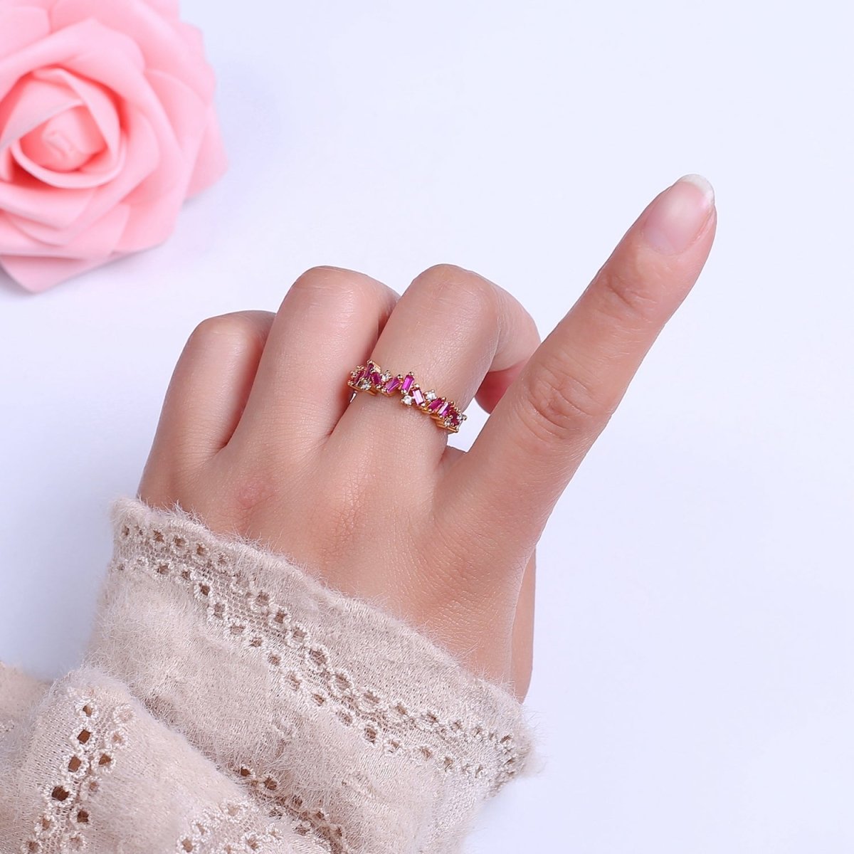 Irregular Baguette Color Stone Half Eternity Stackable Ring Stacking Gold plated Bands Open Adjustable Ring O-2095 ~ O-2100 - DLUXCA