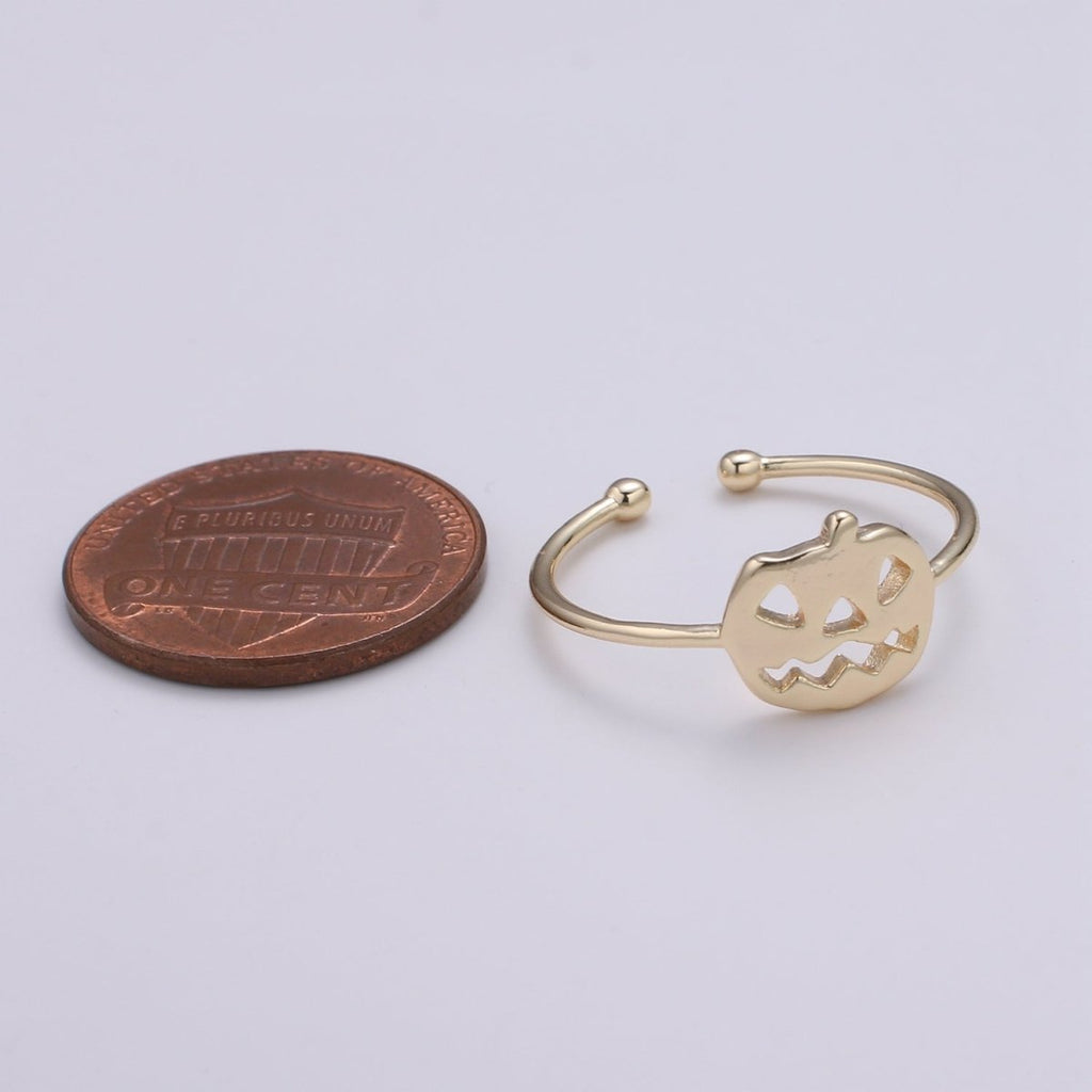 Jack O Lantern 18k Gold Ring, Adjustable Gold Curb Ring, Simple Pumpkin Ring, Haloween Ring R-256 - DLUXCA