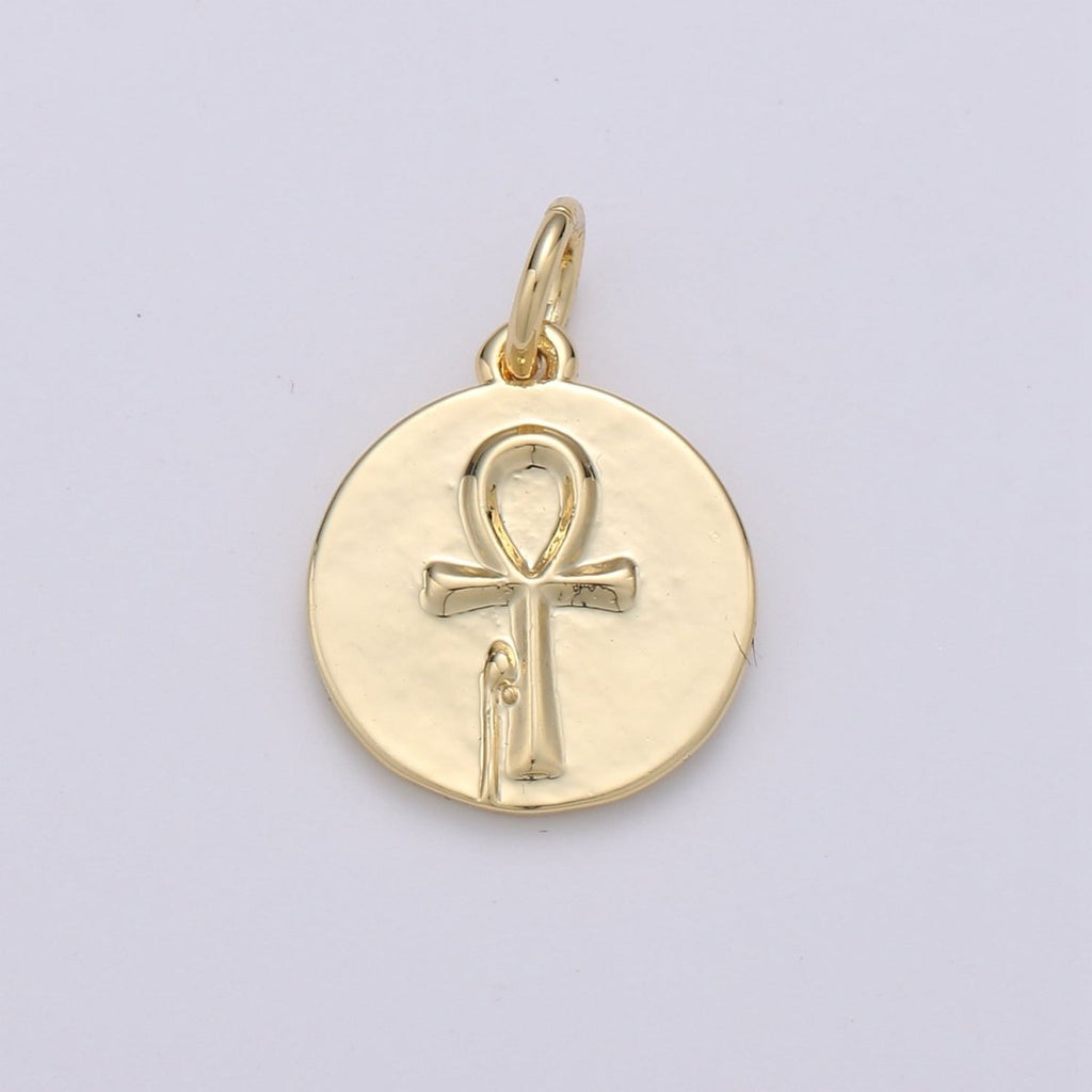 Key of Life Coin Charm Ankh Cross Round Disc Gold plated Pendant - D-589 - DLUXCA