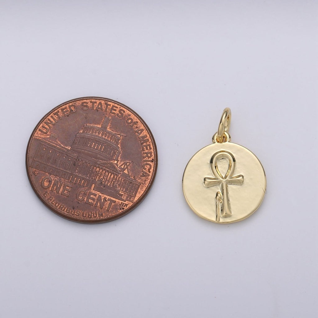 Key of Life Coin Charm Ankh Cross Round Disc Gold plated Pendant - D-589 - DLUXCA