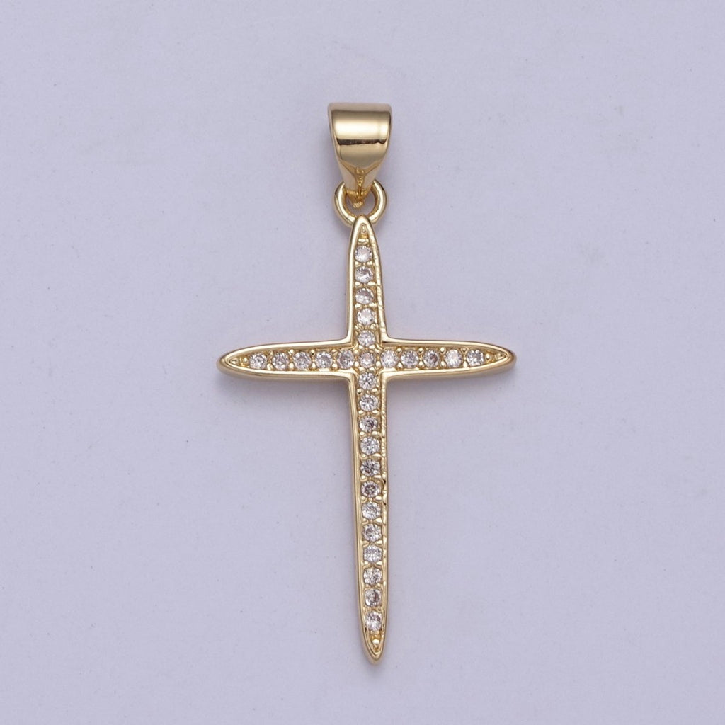 Large 14k Gold plated CZ Micro Pave Gold Cross Shape Pendant, Gold Cross Charms H-398 - DLUXCA