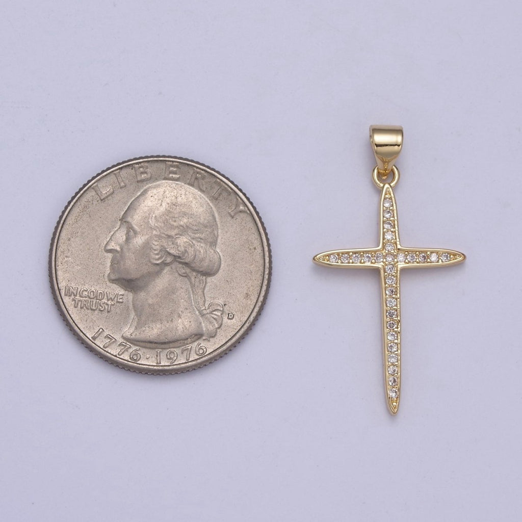 Large 14k Gold plated CZ Micro Pave Gold Cross Shape Pendant, Gold Cross Charms H-398 - DLUXCA