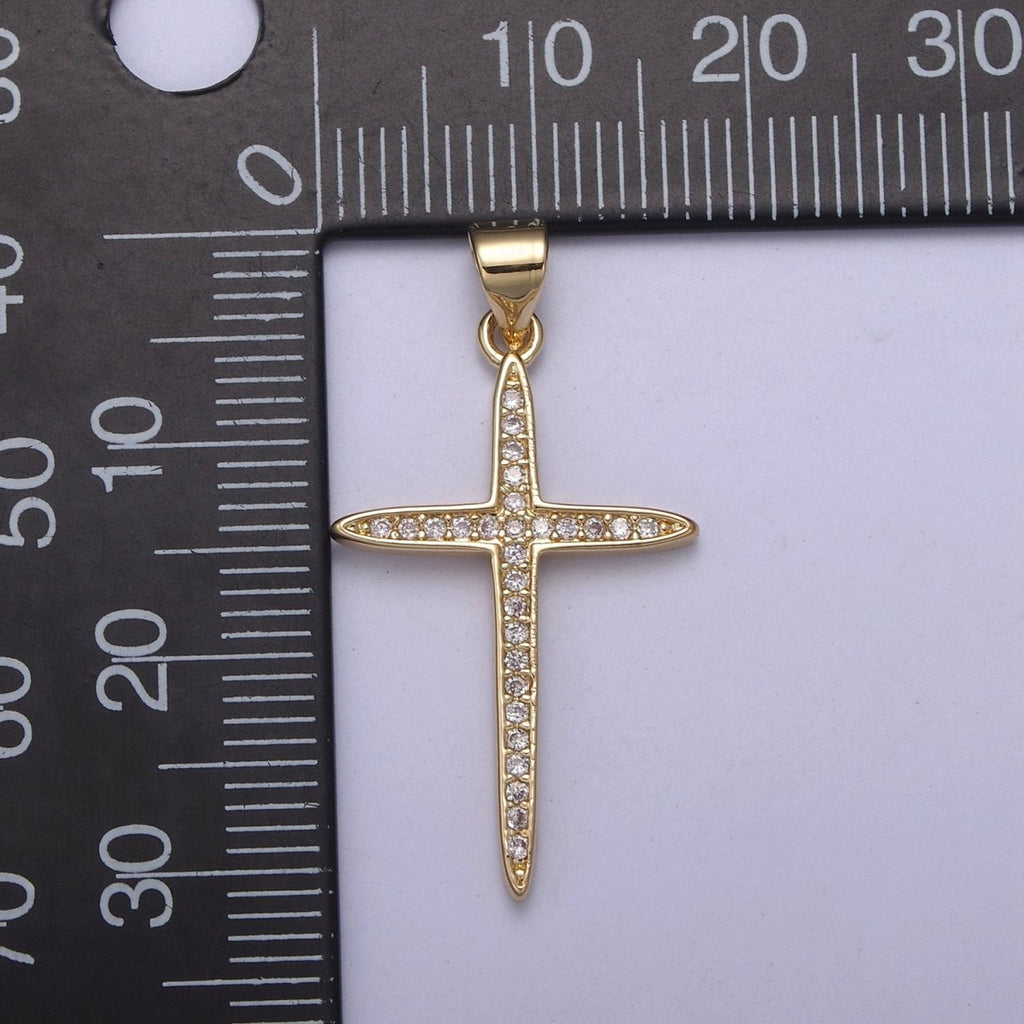 Large 14k Gold plated CZ Micro Pave Gold Cross Shape Pendant, Gold Cross Charms H-398 - DLUXCA