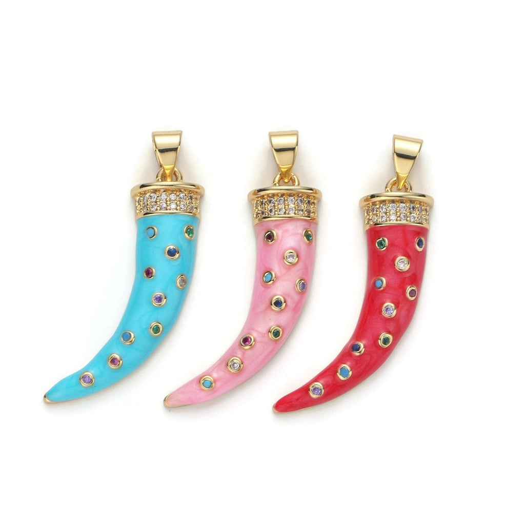 Large 24k Gold plated Micro Pave Horn Charm, Cubic Zirconia Enamel Horn Pendant Charm, Pink Red Blue Charm, For DIY Jewelry Necklace Supply I-634 I-635 I-636 - DLUXCA