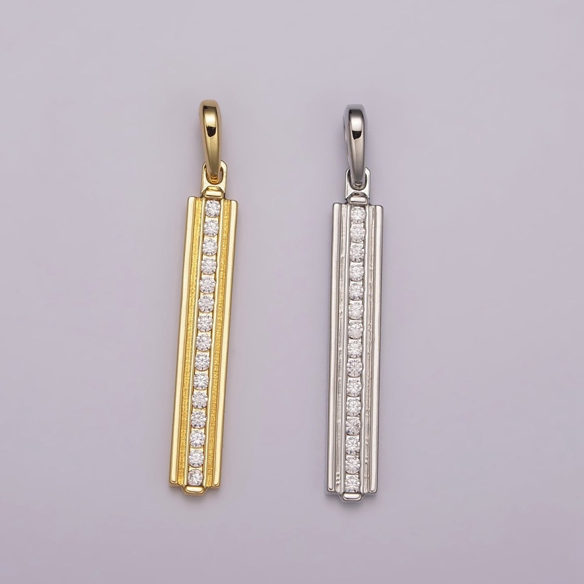 Long Cubic Zirconia Stick Bar Cubic Zirconia Charms, Thin CZ Bar Pendant, Gold plated over Brass N-1477 N-1478