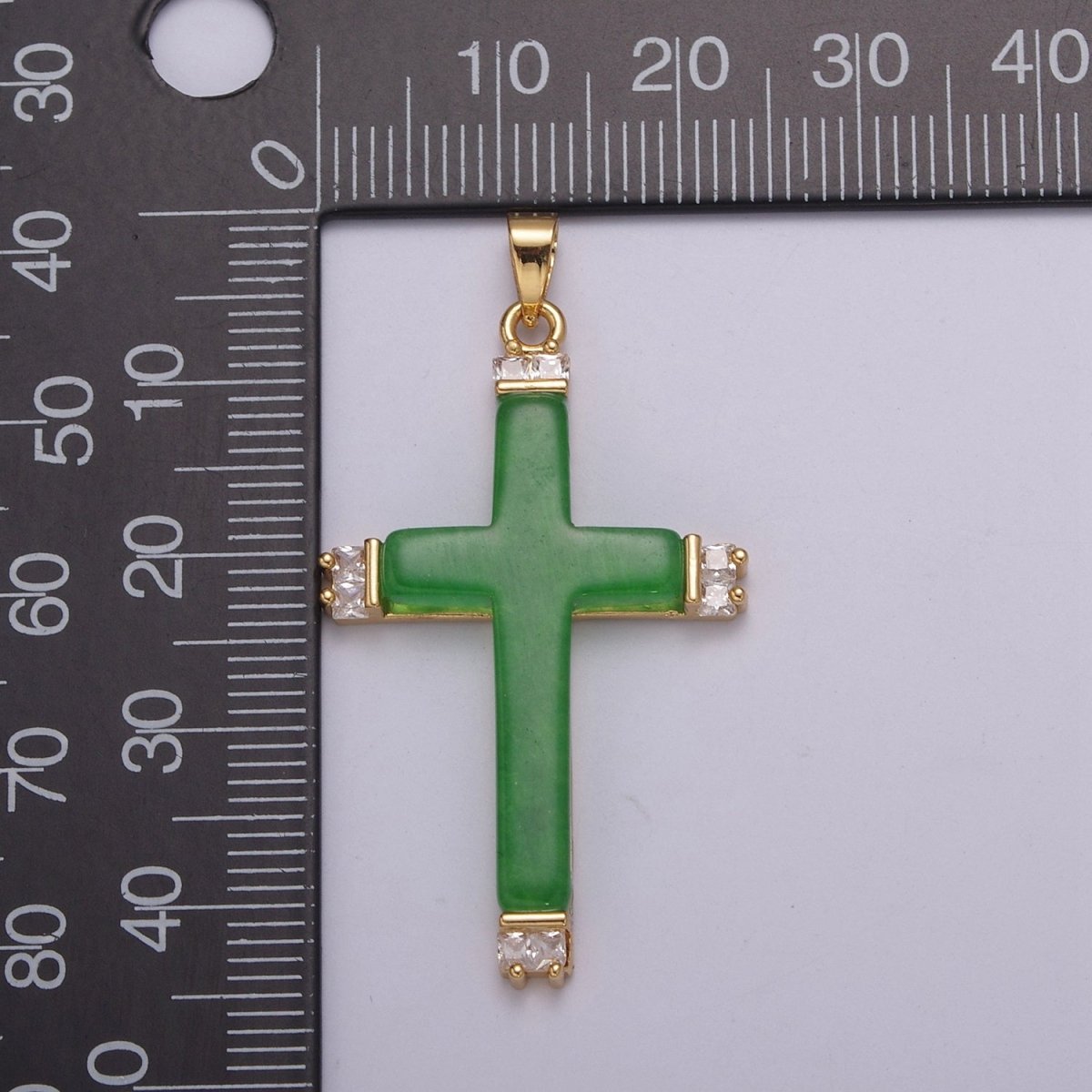 Long Green Jade Cross Pendant for Necklace 24K Gold plated Cross O-264 - DLUXCA