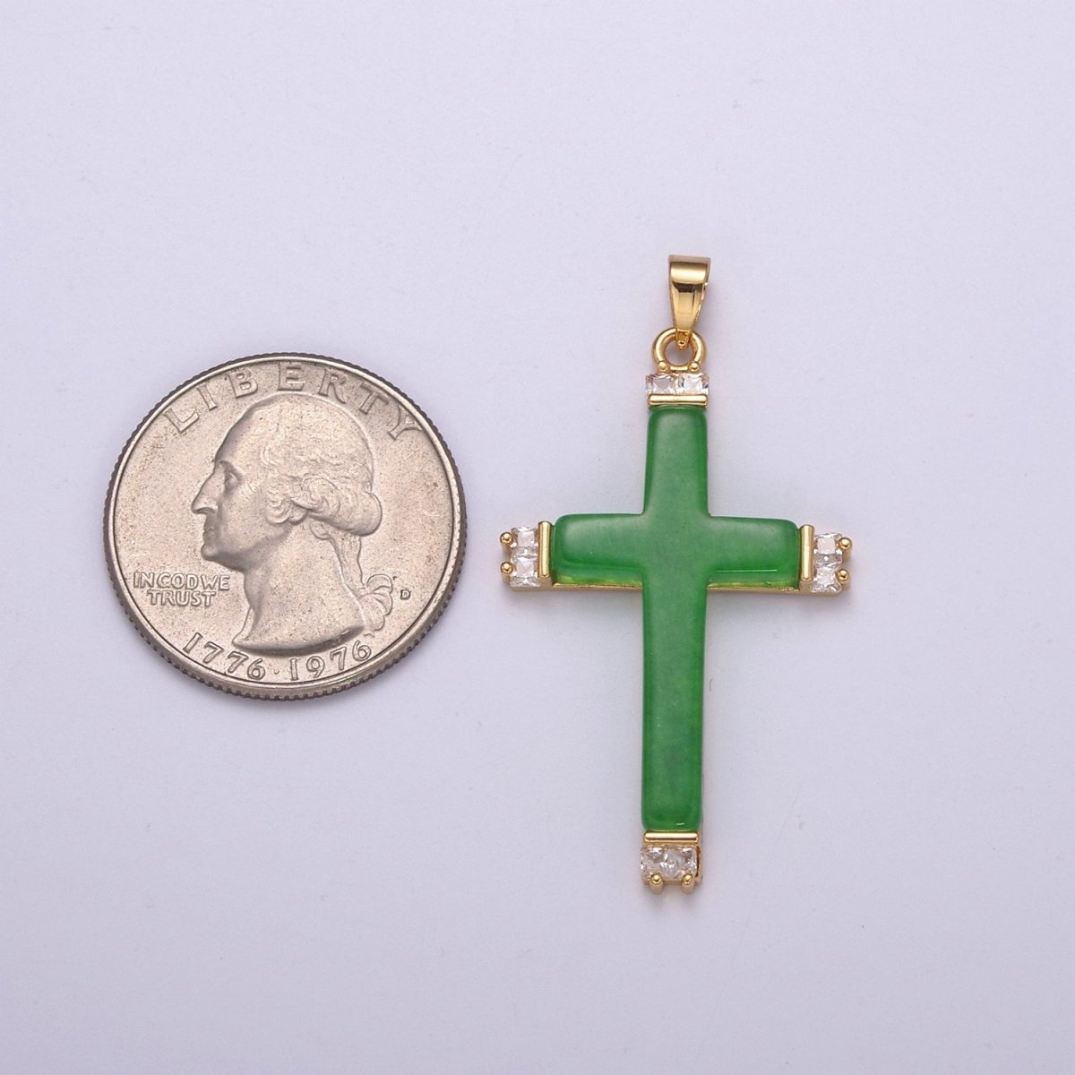 Long Green Jade Cross Pendant for Necklace 24K Gold plated Cross O-264 - DLUXCA