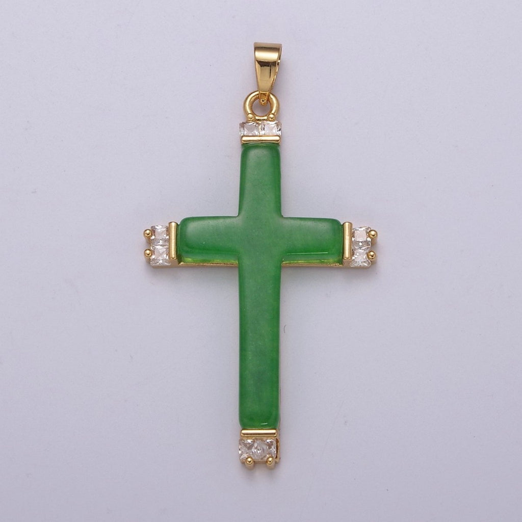 Long Green Jade Cross Pendant for Necklace 24K Gold plated Cross O-264 - DLUXCA