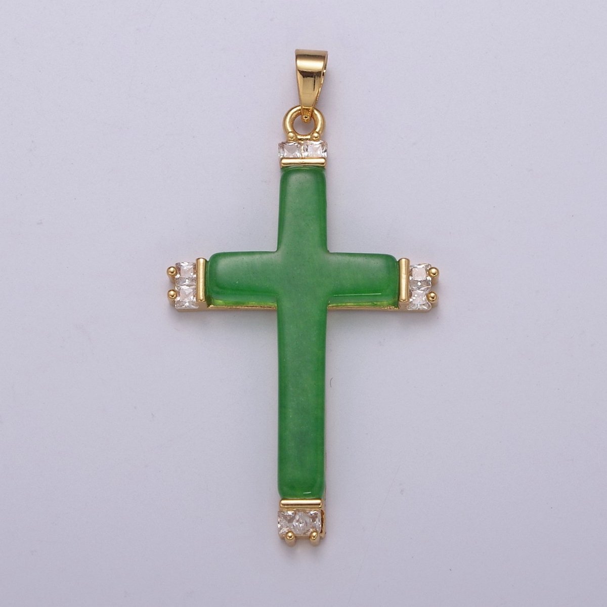 Long Green Jade Cross Pendant for Necklace 24K Gold plated Cross O-264 - DLUXCA