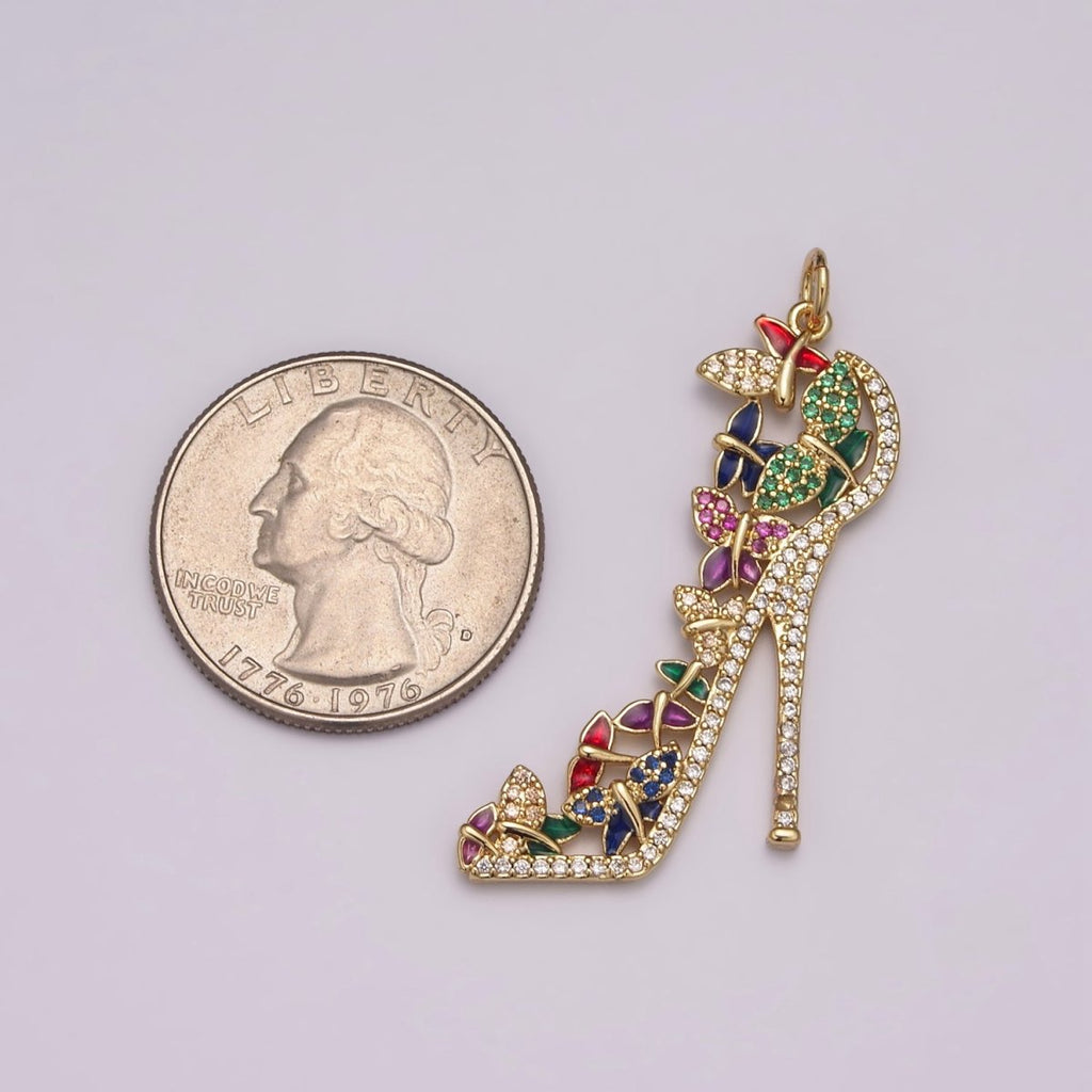 Luxury Multi Color CZ High Heel Pendant Shoe Necklace, Enamel Fashionista Charm, 24K Gold plated High Heel Pendant M-930 N-206