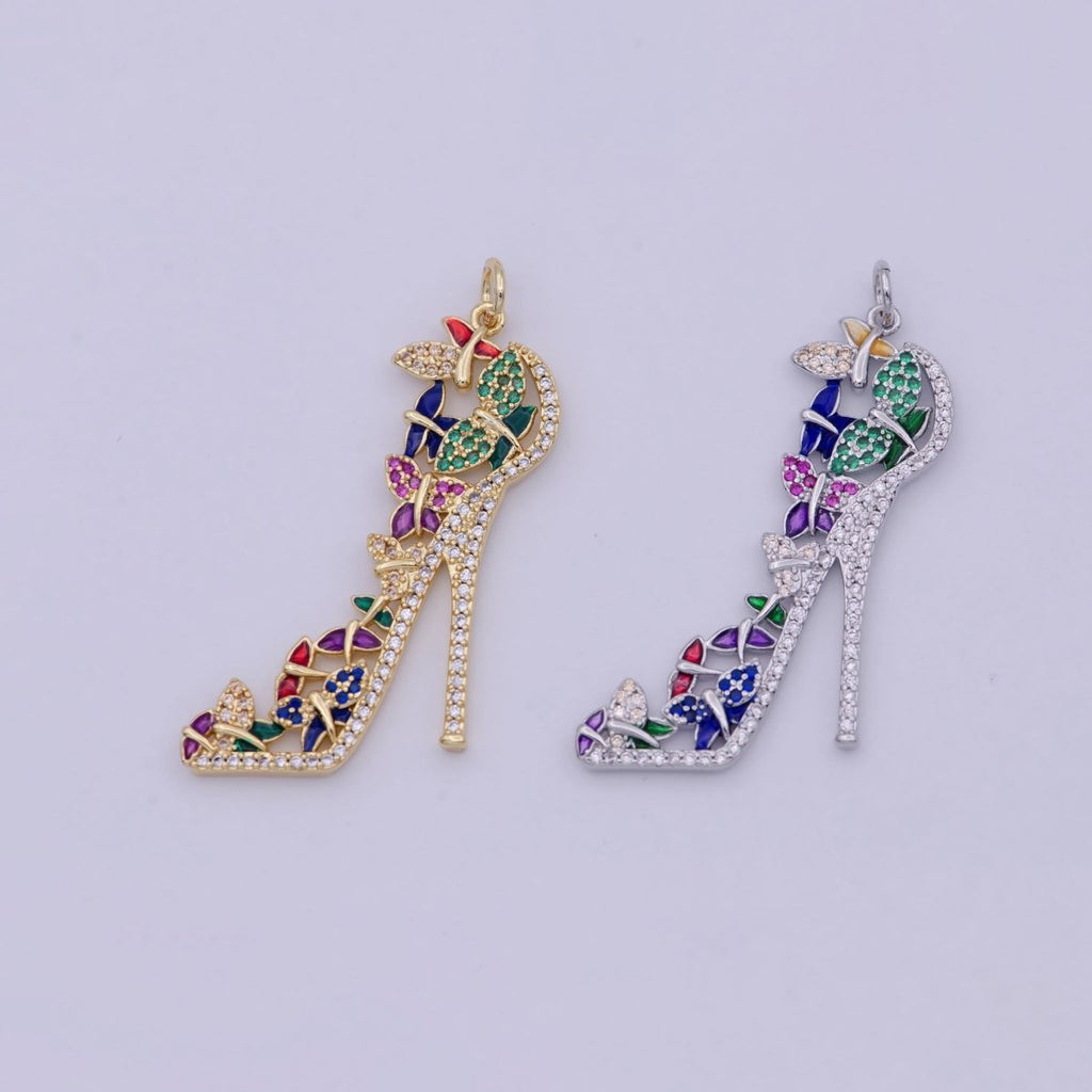 Luxury Multi Color CZ High Heel Pendant Shoe Necklace, Enamel Fashionista Charm, 24K Gold plated High Heel Pendant M-930 N-206