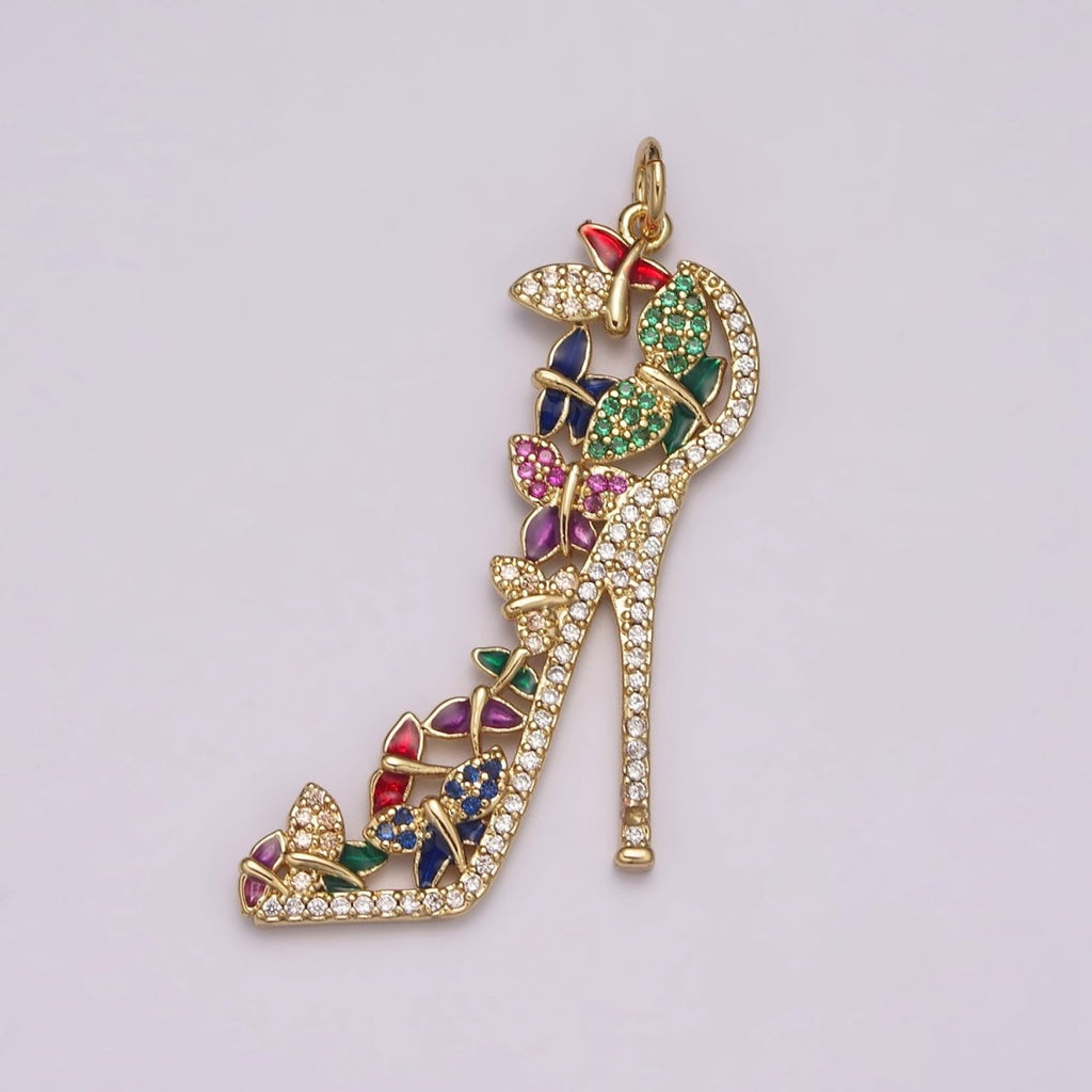 Luxury Multi Color CZ High Heel Pendant Shoe Necklace, Enamel Fashionista Charm, 24K Gold plated High Heel Pendant M-930 N-206