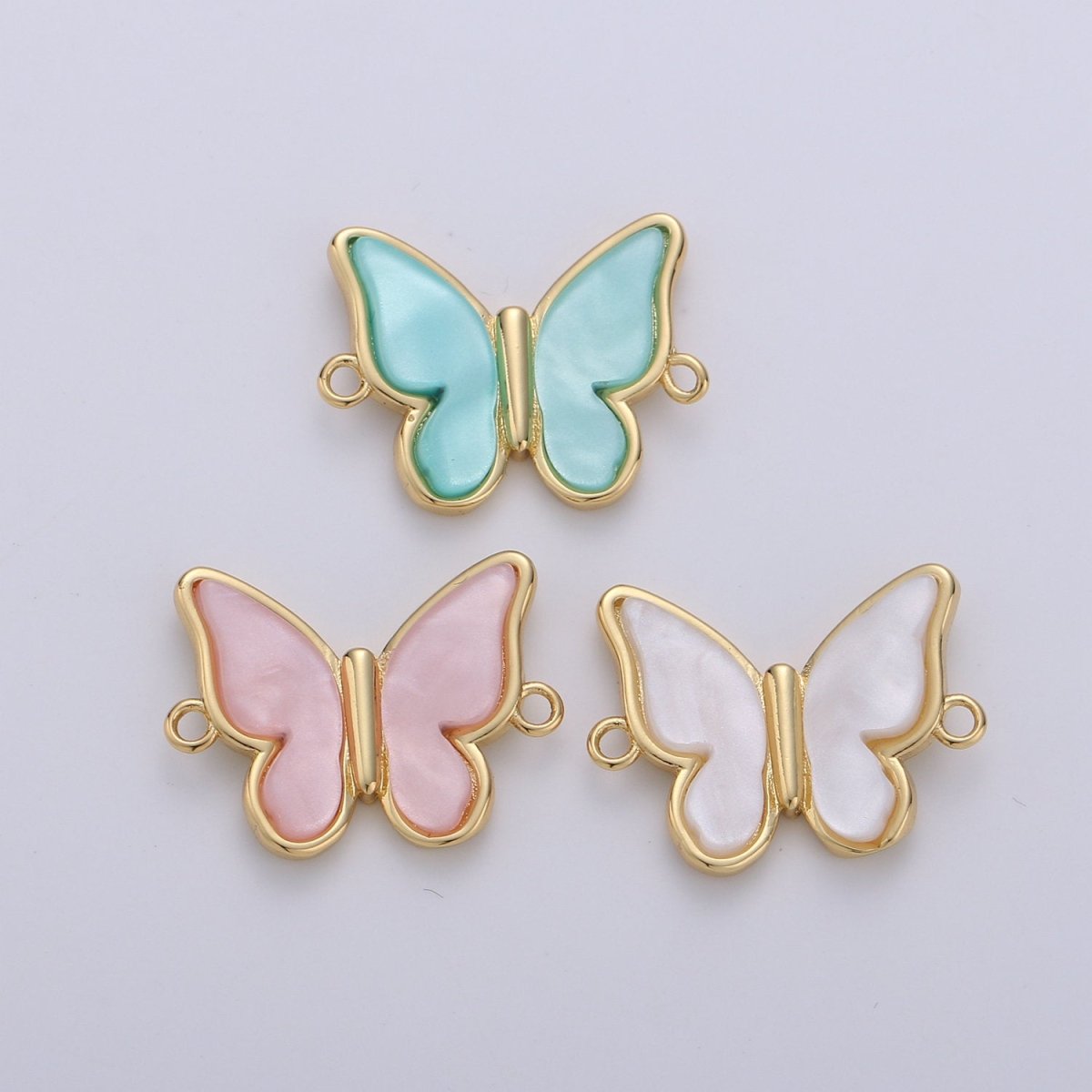 Mariposa Charm Butterfly Charms, Mother Of Pearl Butterfly Teal, Pink Butterfly Bracelet Necklace Connector Polished Gold Plated over Brass F-384 - F-386