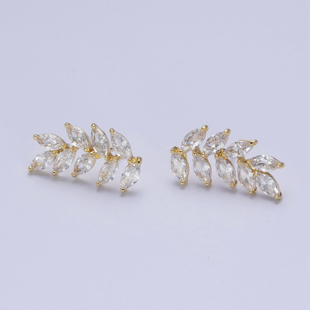 Marquise Cubic Zirconia Mother Nature Olive Leaf Gold Ear Climber Earrings | X894 - DLUXCA