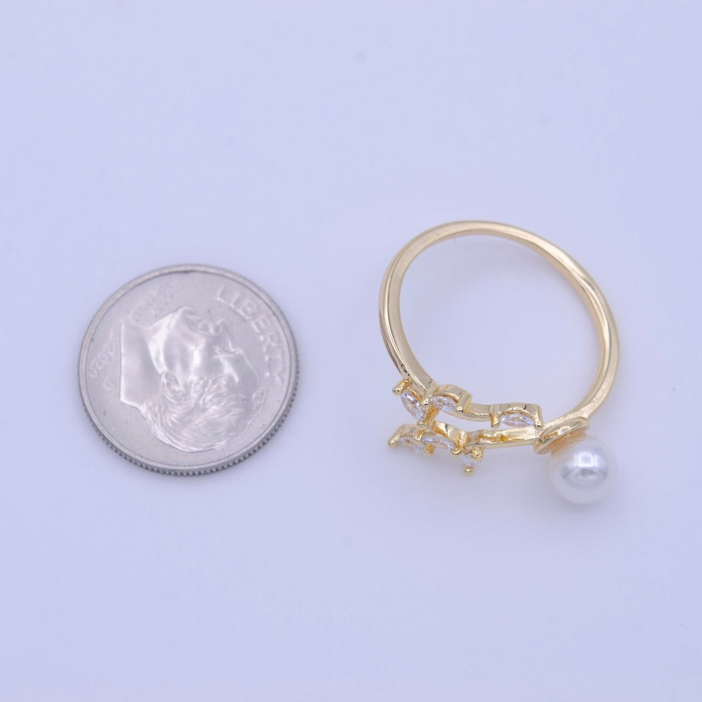 Marquise CZ Vine Leaves Round Pearl Adjustable Gold Ring | Y-425 - DLUXCA