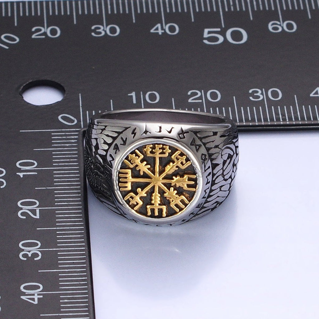 Men's Stainless Steel Vegvisir Icelandic Norse Compass Protection Signet Ring | O-1839 O-1840