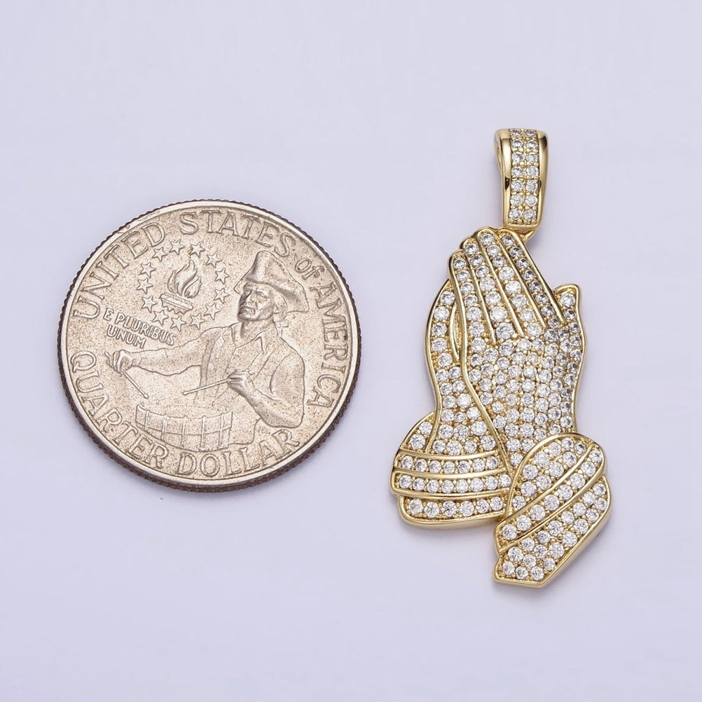 Micro Pave 14k Gold plated The Lord's Prayer Hands Necklace Charm Gold Praying Hands Jewelry Pendant Religious Jewelry AA299 - DLUXCA