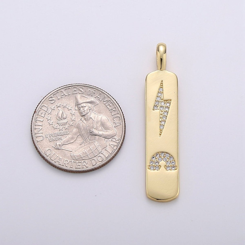 Micro Pave Bolt Charm Rectangle Tag in 14k Gold plated Drop Pendant Long Celstial Charm for Necklace Component I-705 - DLUXCA