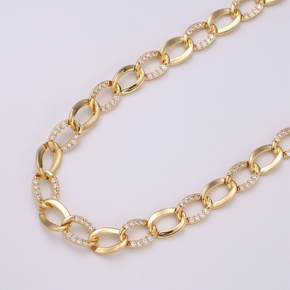 Micro Pave Chain, 24K Gold plated Curb Chain Thick CZ Chain By Yard, 15.2X10.4mm For Bracelet Necklace Making Supply | ROLL-378 (O-073) Clearance Pricing - DLUXCA