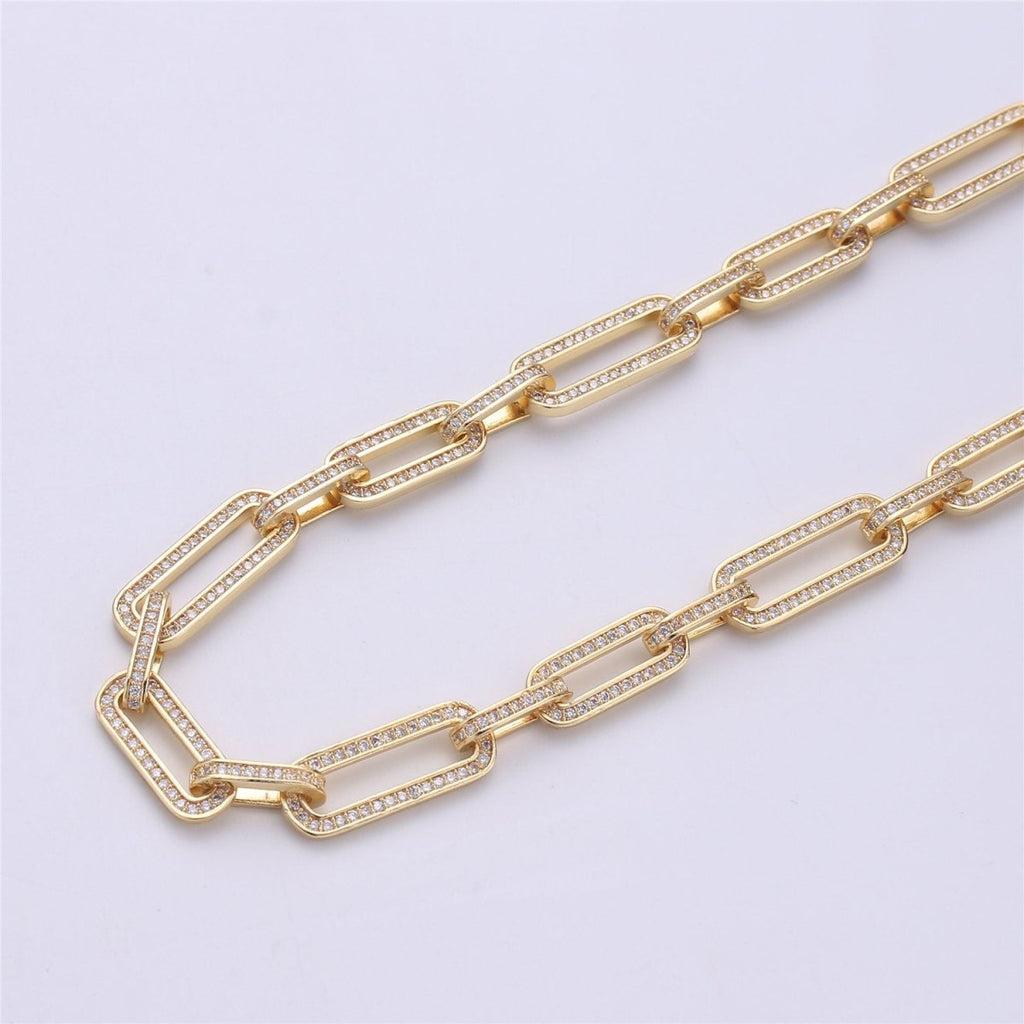 Micro Pave Chain 24K Gold plated PAPER CLIP Chain, Thick Elongated Chain by Meter for Statement Necklace Making Supply, 36inch Length,8X20mm 1mm Thickness , UNIQUE PAPERCLIP Chain | WA-1364 Clearance Pricing