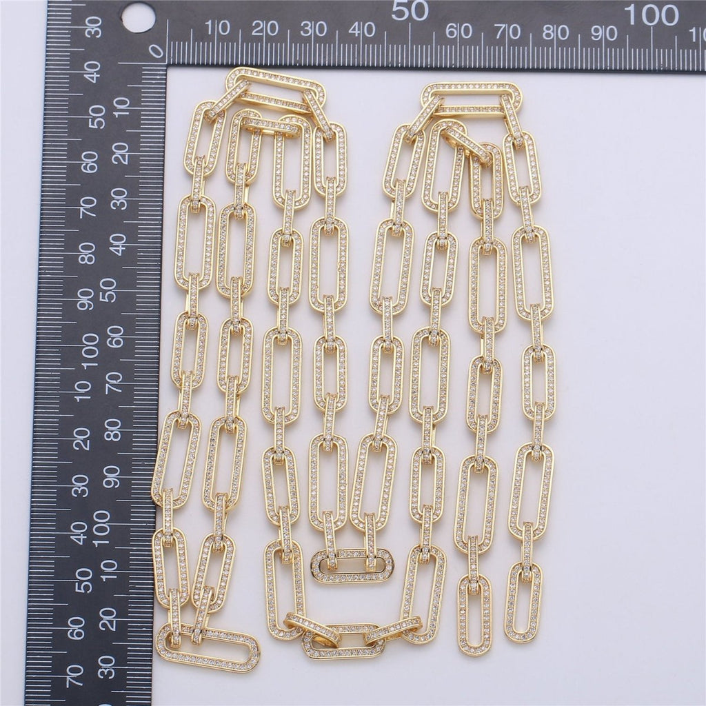 Micro Pave Chain 24K Gold plated PAPER CLIP Chain, Thick Elongated Chain by Meter for Statement Necklace Making Supply, 36inch Length,8X20mm 1mm Thickness , UNIQUE PAPERCLIP Chain | WA-1364 Clearance Pricing