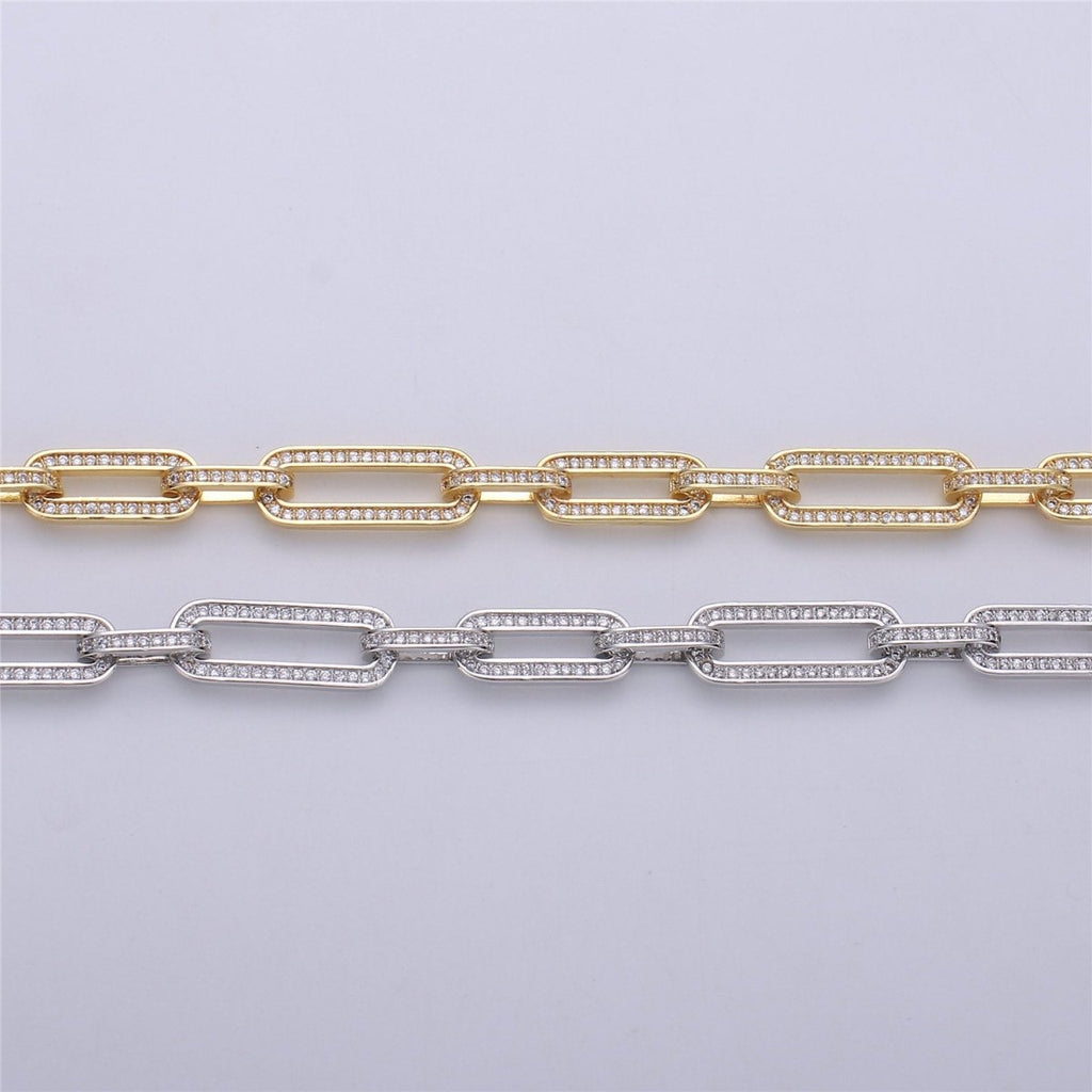 Micro Pave Chain 24K Gold plated PAPER CLIP Chain, Thick Elongated Chain by Meter for Statement Necklace Making Supply, 36inch Length,8X20mm 1mm Thickness , UNIQUE PAPERCLIP Chain | WA-1364 Clearance Pricing
