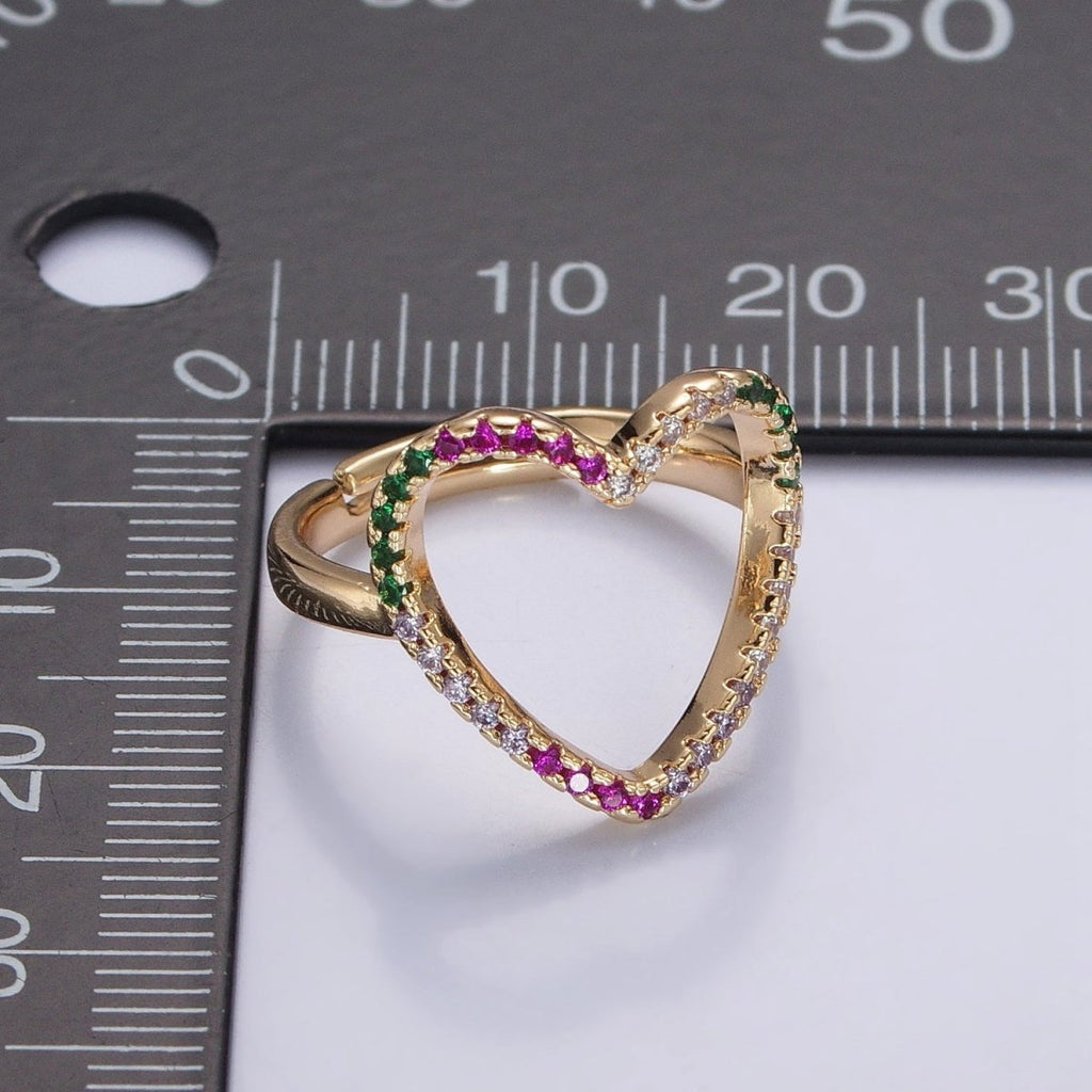 Micro Pave Clear Fuchsia Green Cubic Zirconia Heart Adjustable Gold Ring | O-479 - DLUXCA