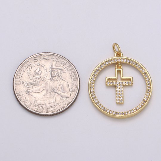 Micro Pave Cross Charm Coin Charm - 29x23mm, 14K Gold plated CZ Dangle Charm Pendant, Cubic Zirconia, Gold Cross Pendant, Religious Jewelry, E-158 - DLUXCA