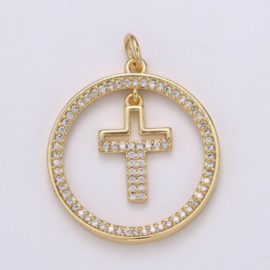 Micro Pave Cross Charm Coin Charm - 29x23mm, 14K Gold plated CZ Dangle Charm Pendant, Cubic Zirconia, Gold Cross Pendant, Religious Jewelry, E-158 - DLUXCA