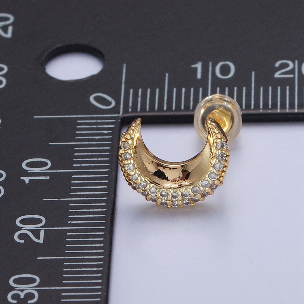 Micro Pave Cubic Zirconia Gold Celestial Crescent Moon Stud Earrings P-326 - DLUXCA