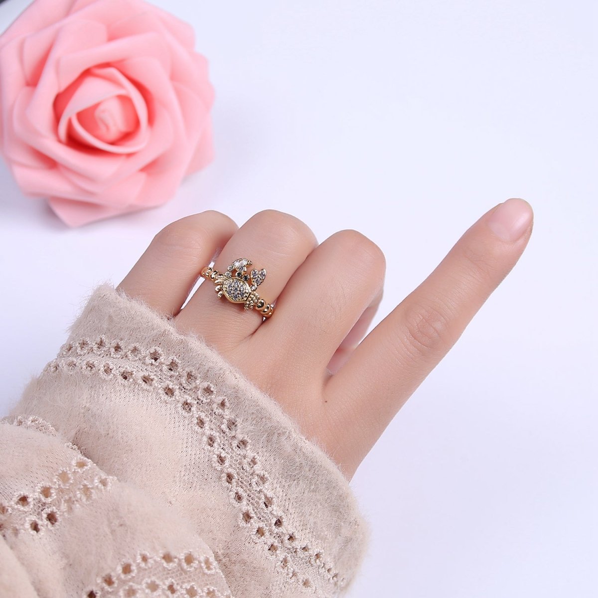 Micro Pave Cute Crab Ring, Heart Textured Gold Adjustable Band Ring, 24K Gold plated Nature Ocean Wildlife Under The Sea Ring U-440 - DLUXCA