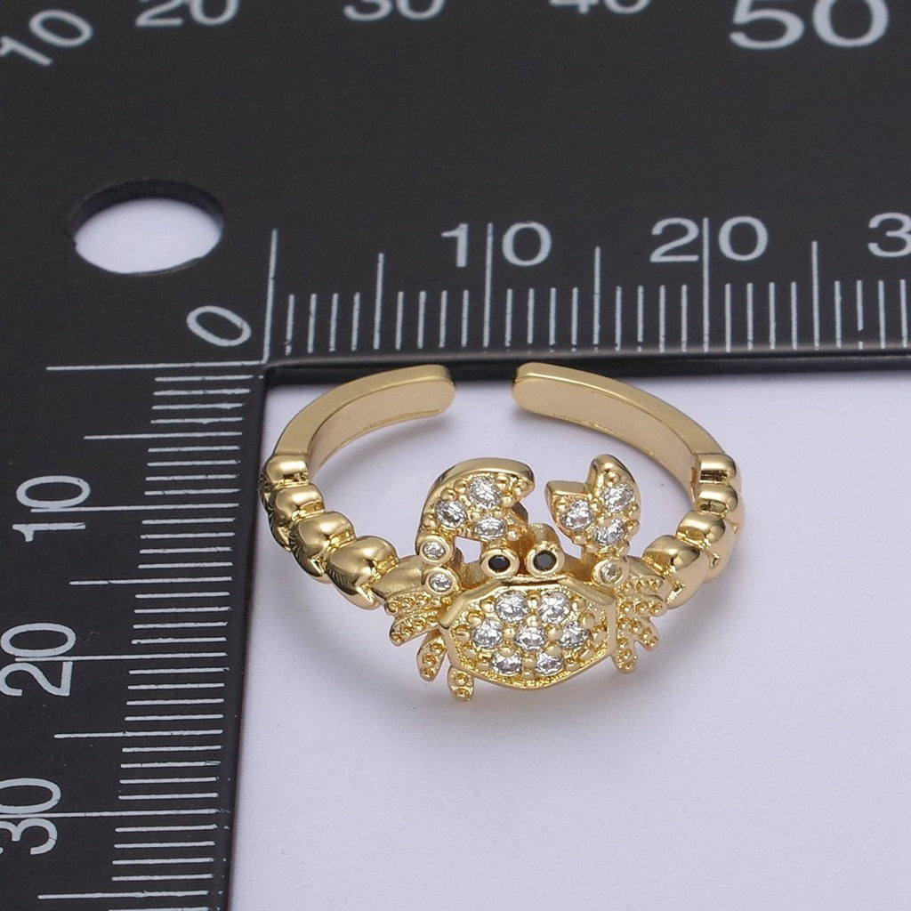 Micro Pave Cute Crab Ring, Heart Textured Gold Adjustable Band Ring, 24K Gold plated Nature Ocean Wildlife Under The Sea Ring U-440 - DLUXCA