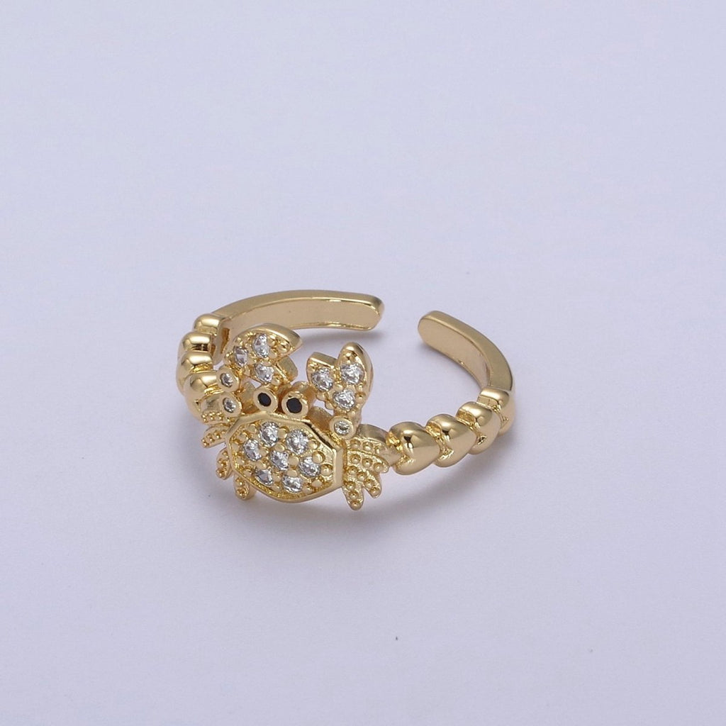 Micro Pave Cute Crab Ring, Heart Textured Gold Adjustable Band Ring, 24K Gold plated Nature Ocean Wildlife Under The Sea Ring U-440 - DLUXCA