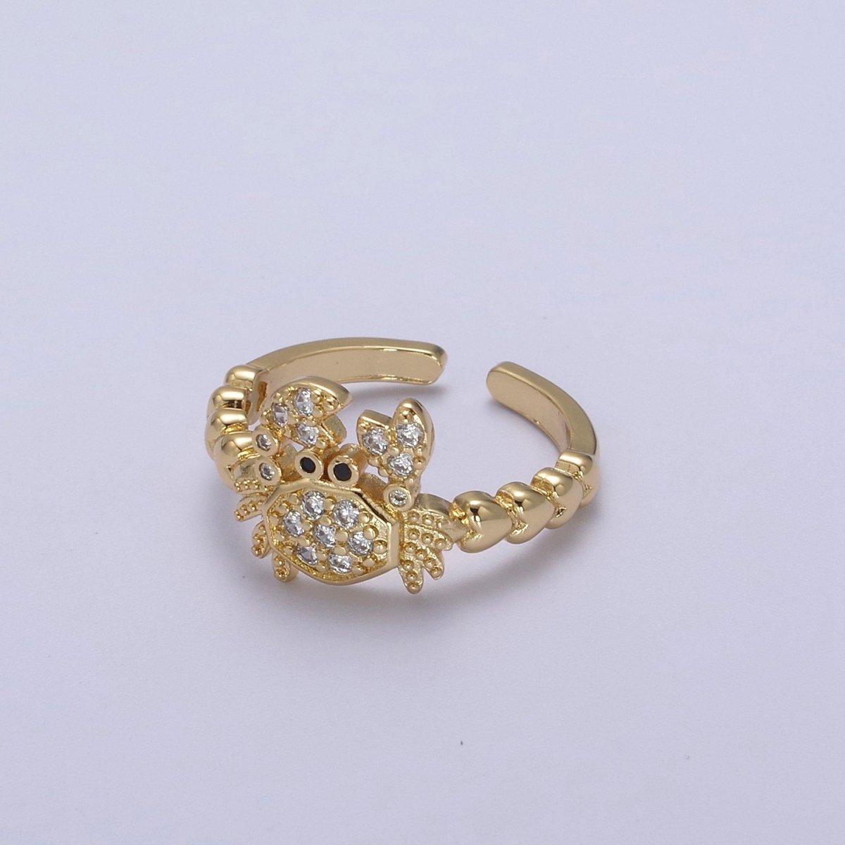 Micro Pave Cute Crab Ring, Heart Textured Gold Adjustable Band Ring, 24K Gold plated Nature Ocean Wildlife Under The Sea Ring U-440 - DLUXCA
