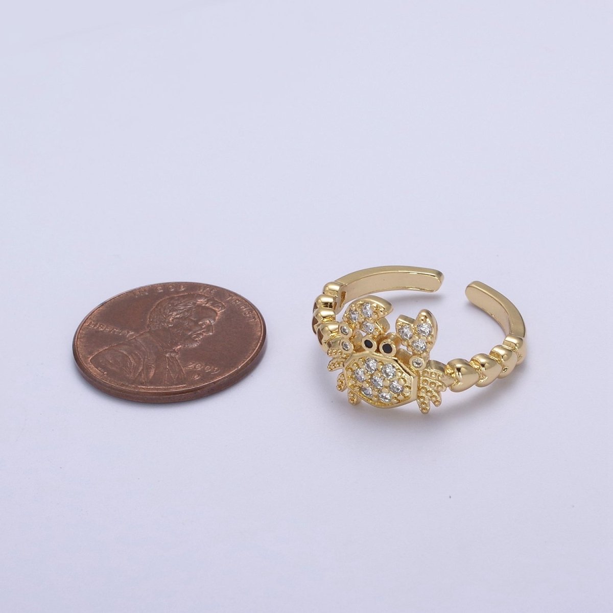 Micro Pave Cute Crab Ring, Heart Textured Gold Adjustable Band Ring, 24K Gold plated Nature Ocean Wildlife Under The Sea Ring U-440 - DLUXCA