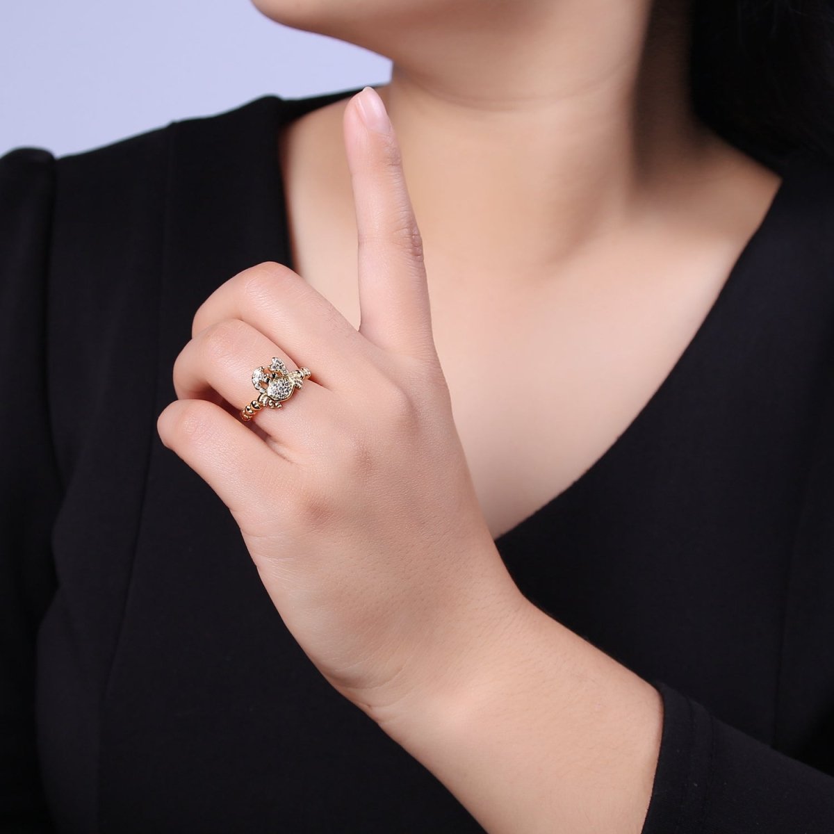 Micro Pave Cute Crab Ring, Heart Textured Gold Adjustable Band Ring, 24K Gold plated Nature Ocean Wildlife Under The Sea Ring U-440 - DLUXCA