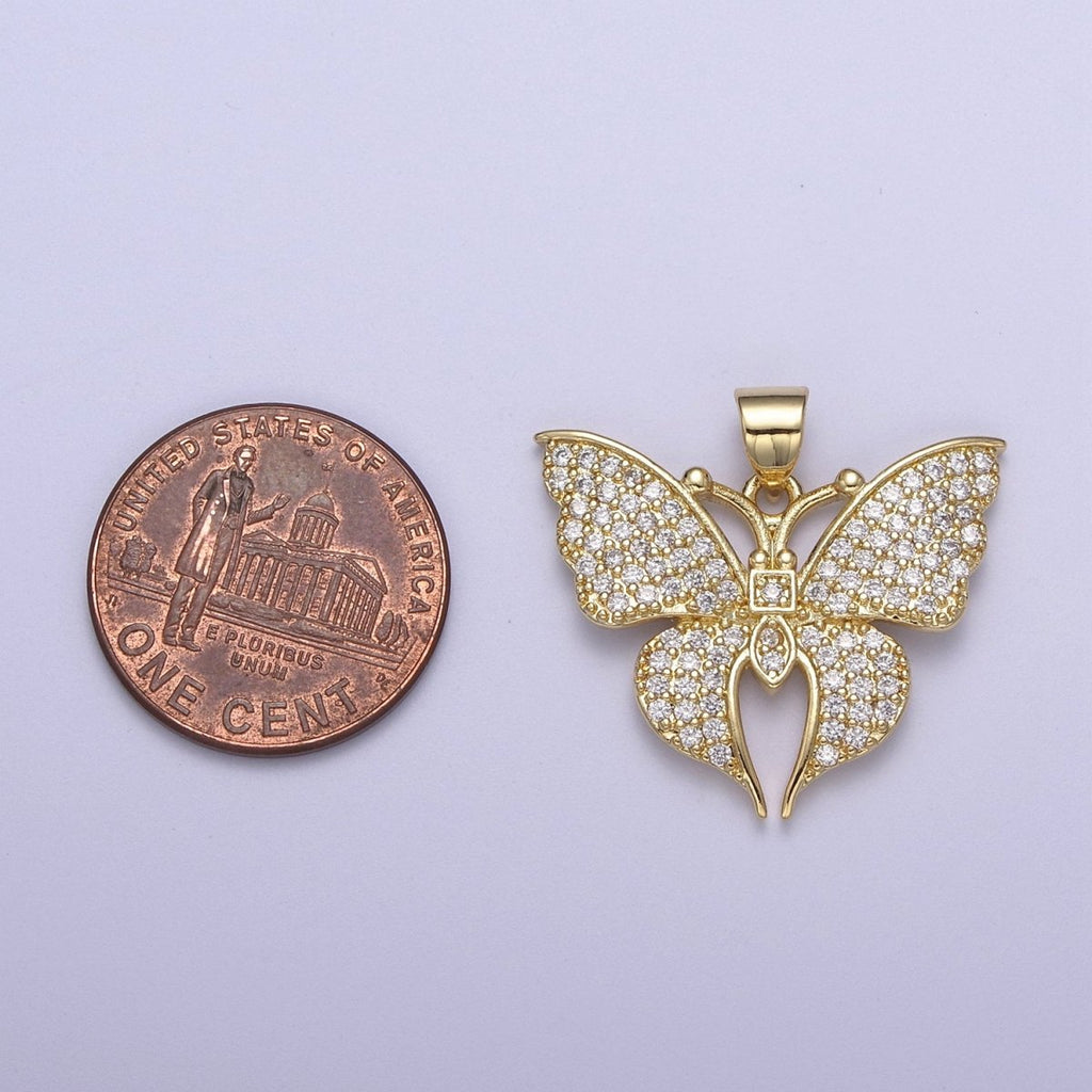 Micro Pave CZ Butterfly Charm Gold Cubic Zirconia Monarch Pendant in 14k Gold plated H-485 - DLUXCA