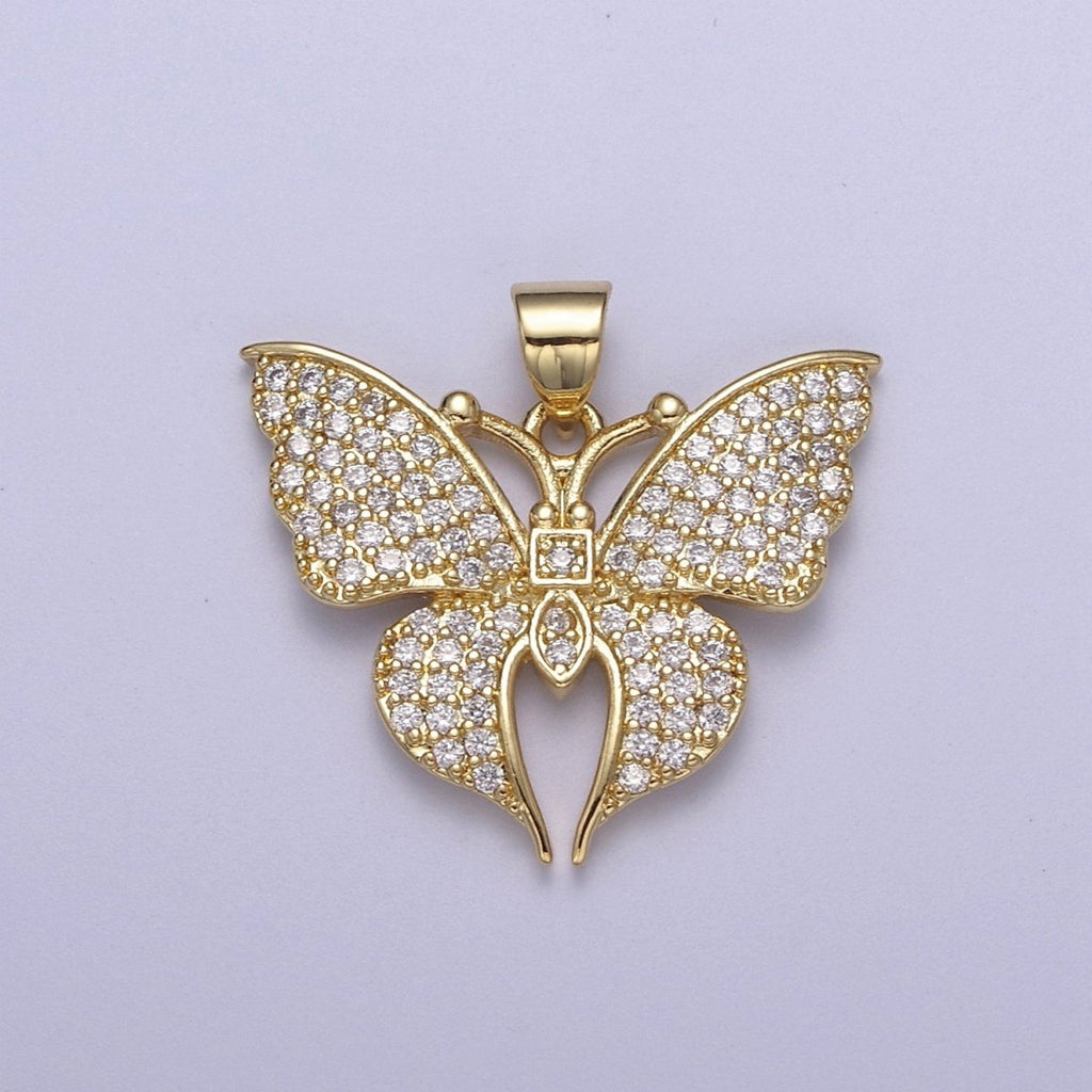 Micro Pave CZ Butterfly Charm Gold Cubic Zirconia Monarch Pendant in 14k Gold plated H-485 - DLUXCA