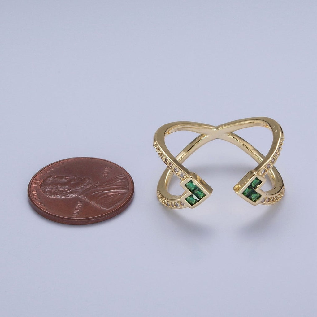 Micro Pave Double Band Cubic Zirconia Green Heart Adjustable Open Ring O-780 - DLUXCA