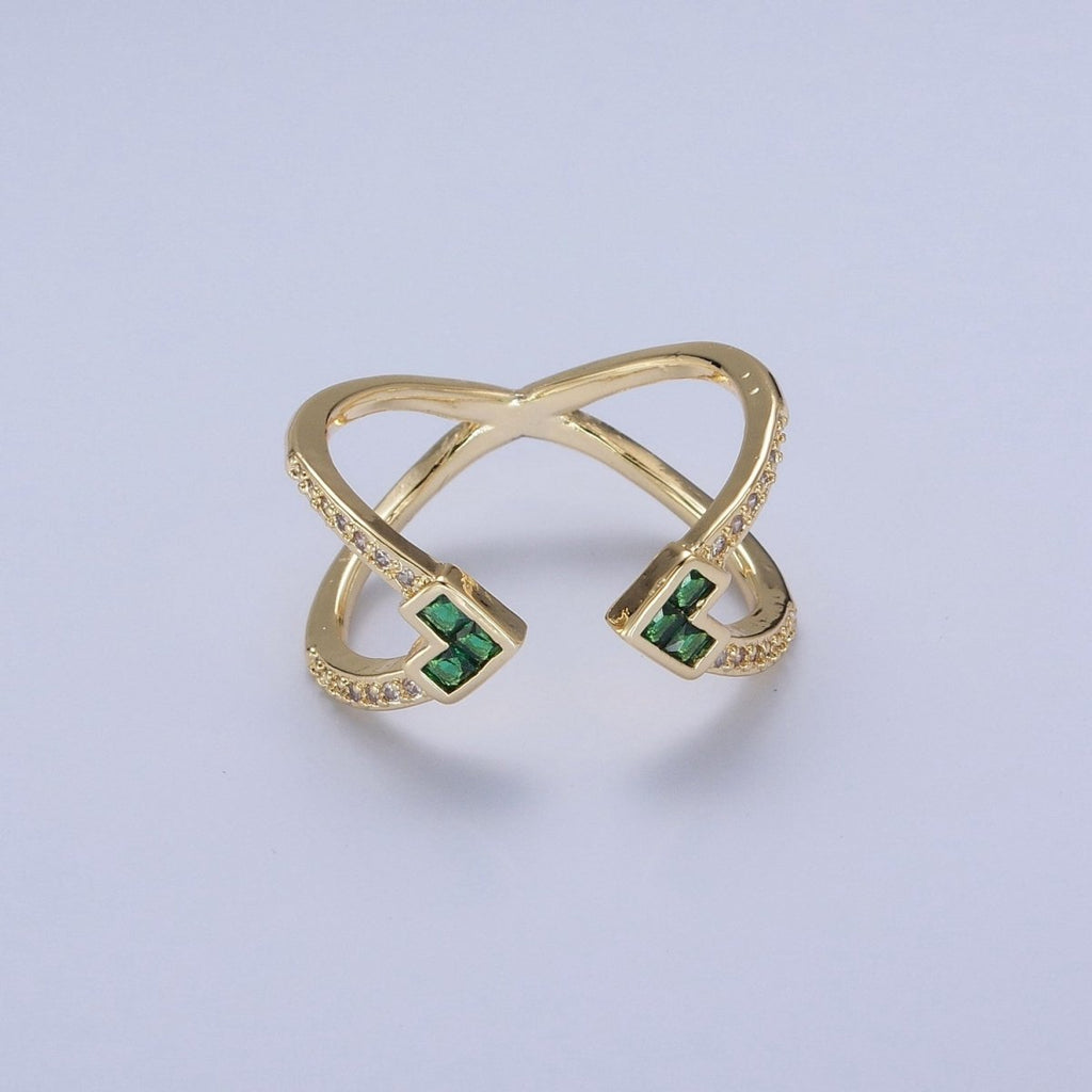 Micro Pave Double Band Cubic Zirconia Green Heart Adjustable Open Ring O-780 - DLUXCA