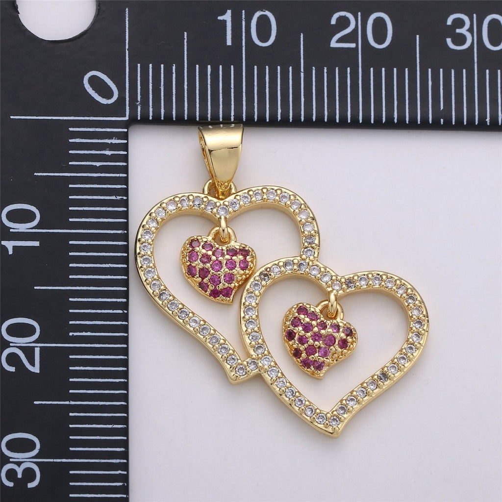 Micro Pave Double Heart Pendant Cubic Twin Heart Charm 14k Gold plated linked Heart Charm Earrings Necklace Component I-588 - DLUXCA
